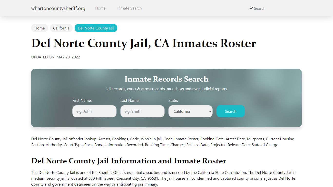 Del Norte County Jail, CA Jail Roster, Name Search